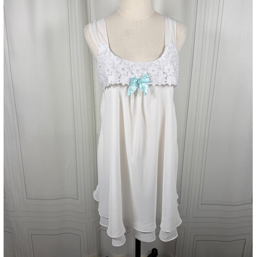 Flora Nikrooz White Ivory Sheer Layered Slip Nightgown L Coquette Blue Bow